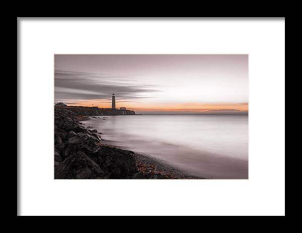 Desaturated Framed Print featuring the photograph Cap-des-Rosiers lighthouse sunrise desaturated long exposure DRI by Jean Surprenant