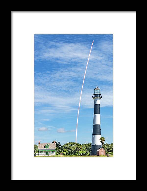04900 Framed Print featuring the photograph Cape Canaveral Lighthouse with SpaceX Launch by Gordon Elwell