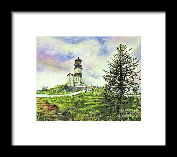 Cynthia Pride Watercolor Paintings Framed Print featuring the painting Cape Disappointment Lighthouse on the Washington Coast by Cynthia Pride