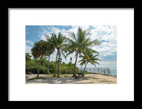 Cape Framed Print featuring the photograph Cape Florida Lighthouse and Palm Trees on Key Biscayne by Beachtown Views