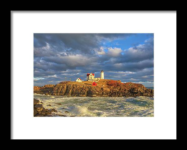 Nubble Light Framed Print featuring the photograph Cape Nedick Nubble Lighthouse Winter Storm by Juergen Roth