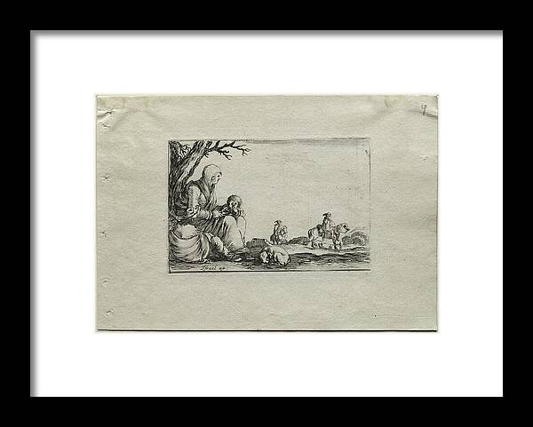 Antique Framed Print featuring the painting Caprices Seated Beggar Woman with Two Children c. 1642 Stefano Della Bella by MotionAge Designs