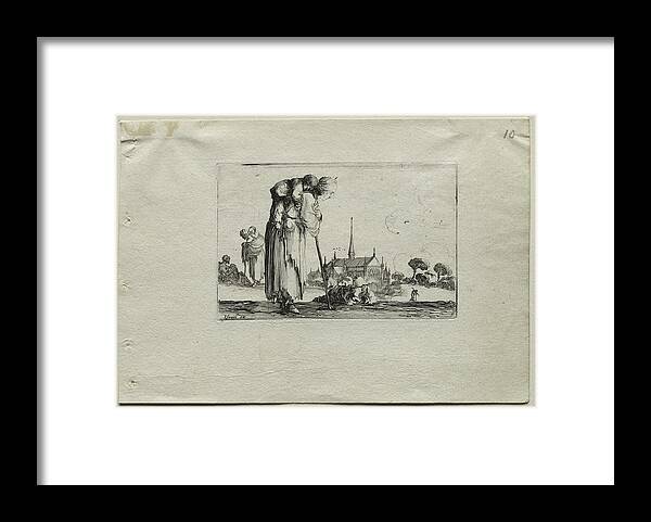 Antique Framed Print featuring the painting Caprices Standing Beggar Woman Carrying a Child on her Back c. 1642 Stefano Della Bella by MotionAge Designs