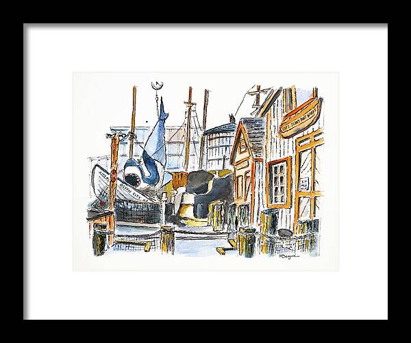 Shark Framed Print featuring the drawing Capt John's Boat Works NJ by Mike Bergen