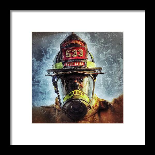Firefighter Fireman Mask Fire Helmet Specialist Cincinnati Fire Department Framed Print featuring the photograph Car 533 by Al Harden