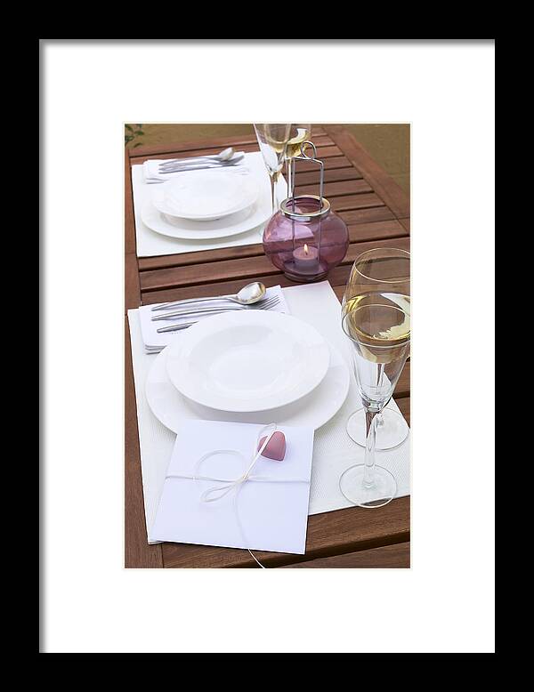Part Of A Series Framed Print featuring the photograph Card with heart on place setting, elevated view by Heidi Coppock-Beard