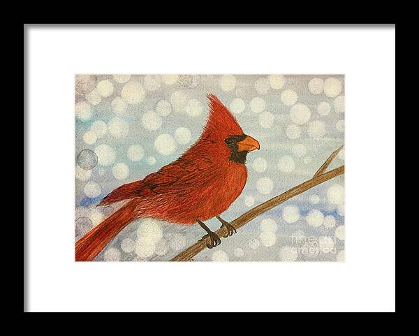 Cardinal Framed Print featuring the painting Cardinal in Snow by Lisa Neuman