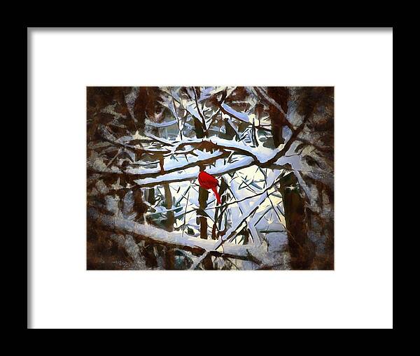 Cardinal Framed Print featuring the mixed media Cardinal in the Snowy Trees by Christopher Reed