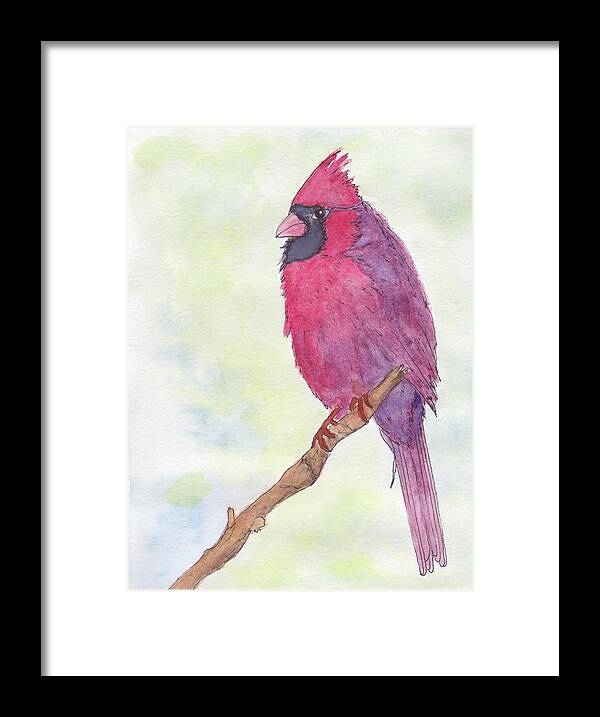 Birds Framed Print featuring the painting Cardinal Visiting by Anne Katzeff