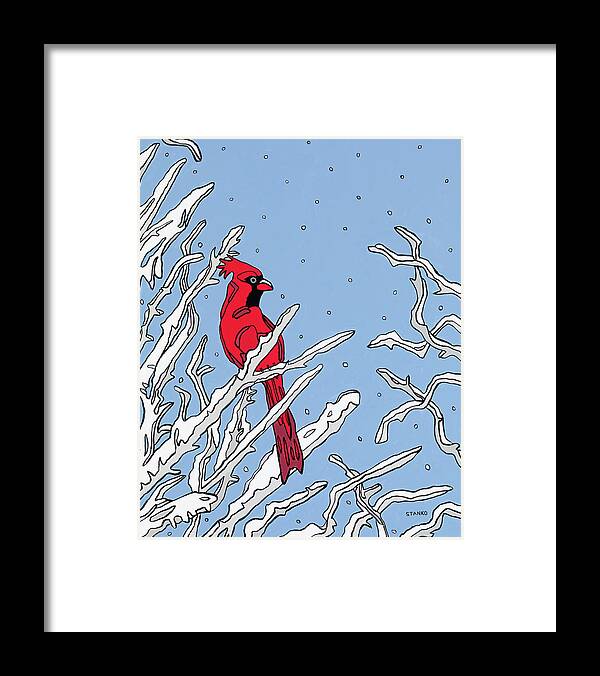 Cardinal Winter Branches Bird Framed Print featuring the painting Cardinal Winter by Mike Stanko