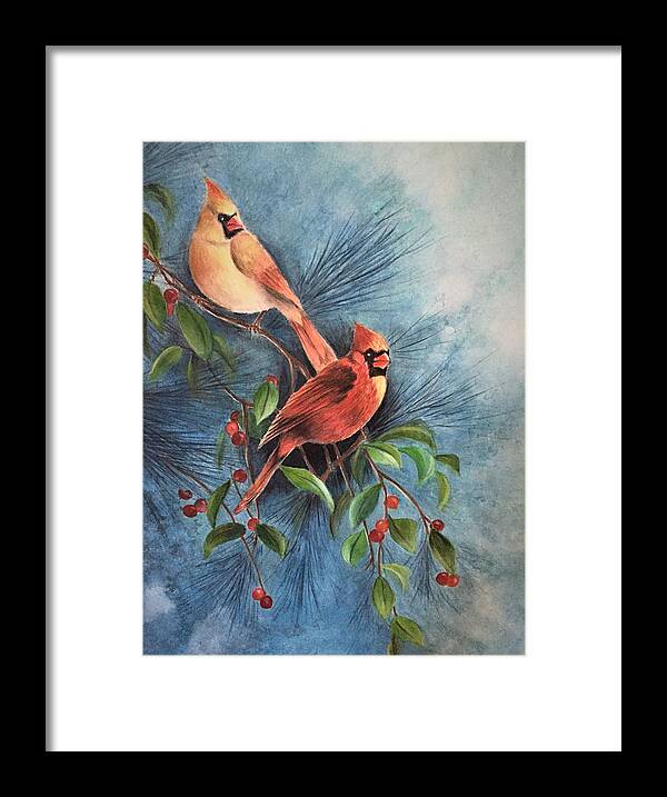 Birds Framed Print featuring the painting Cardinals by Vina Yang