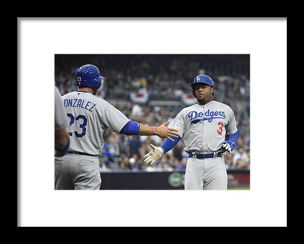 Three Quarter Length Framed Print featuring the photograph Carl Crawford and Adrian Gonzalez by Denis Poroy