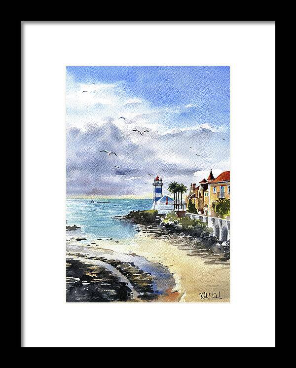 Portugal Framed Print featuring the painting Cascais Lighthouse At Low Tide by Dora Hathazi Mendes