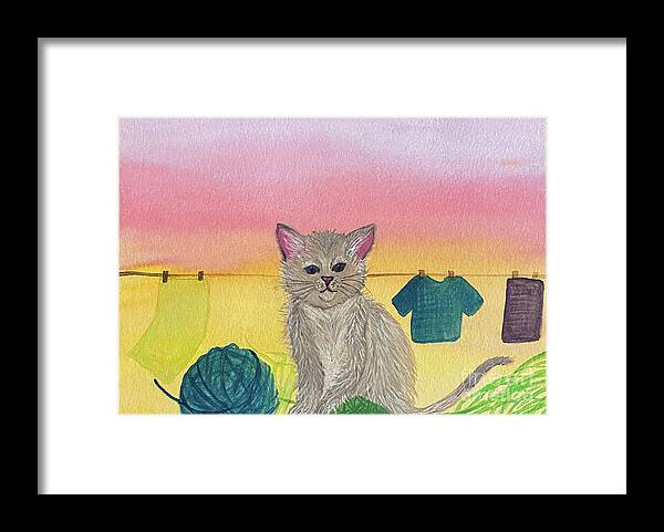 Cat Framed Print featuring the mixed media Cat and Yarn by Lisa Neuman
