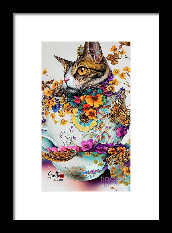 Digital Art Framed Print featuring the digital art Cat In A Cup Ginette In Wonderland Digital Art by Ginette Callaway