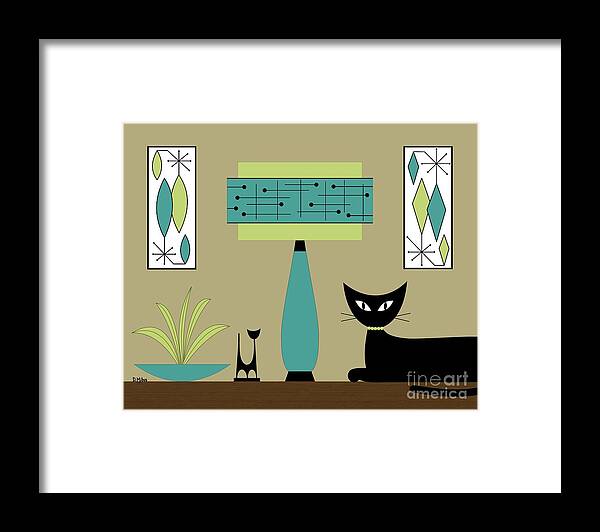 Mid Century Modern Framed Print featuring the digital art Cat on Tabletop with Lamp in Teal by Donna Mibus