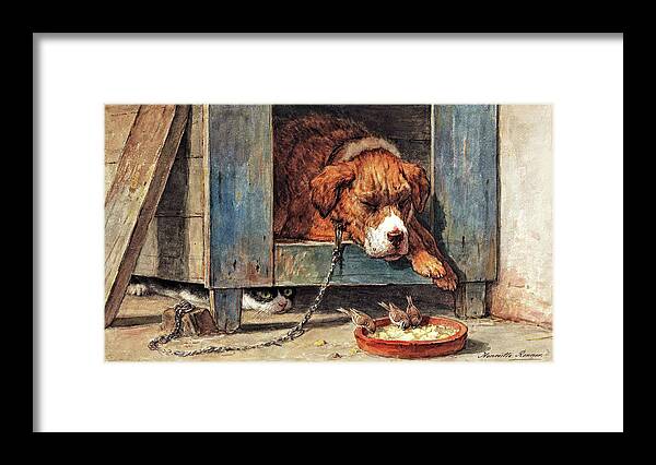 Cat Watches Birds With A Sleeping Dog Framed Print featuring the painting Cat watches birds with a sleeping dog - Digital Remastered Edition by Henriette Ronner-Knip