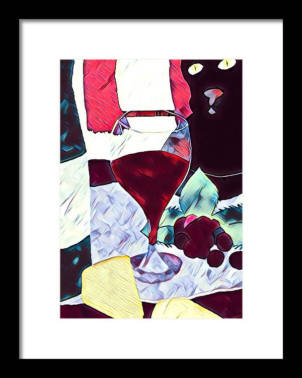  Framed Print featuring the digital art Cat, Wine, and Cheese Party by Michelle Hoffmann