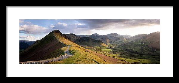 Panorama Framed Print featuring the photograph Catbells Hiking trail in the Lake District England by Sonny Ryse