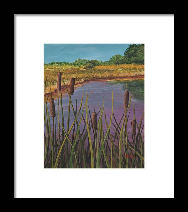 Landscape Framed Print featuring the painting Cattails by Darice Machel McGuire