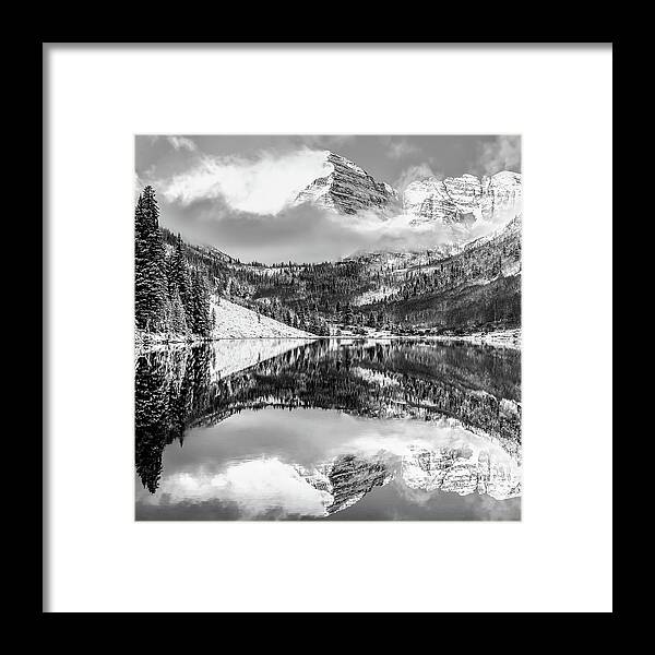 Aspen Framed Print featuring the photograph Center Panel 2 of 3 - Maroon Bells Mountain Landscape Panoramic BW - Aspen Colorado by Gregory Ballos