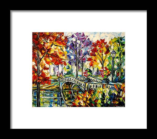 Colorful Cityscape Framed Print featuring the painting Central Park, Bow Bridge by Mirek Kuzniar