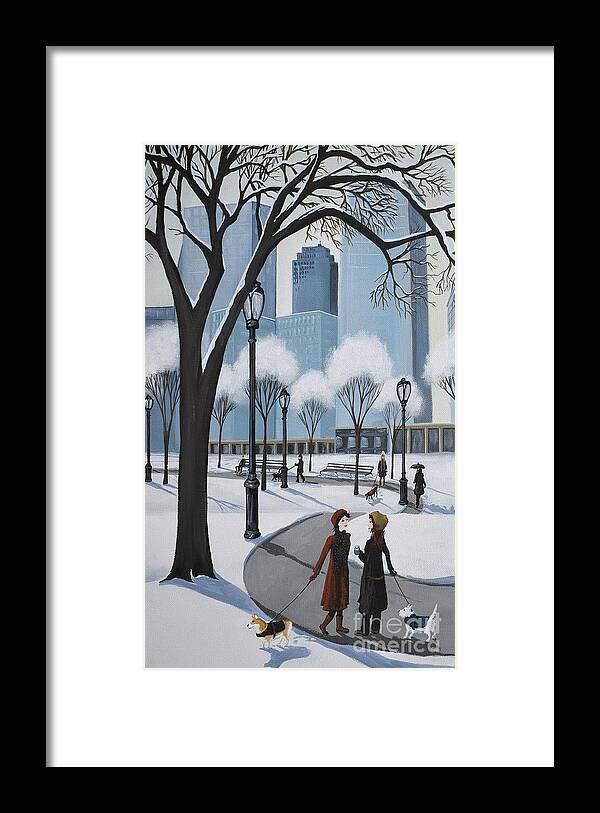 Central Park Framed Print featuring the painting Central Park New York puppies dog by Debbie Criswell