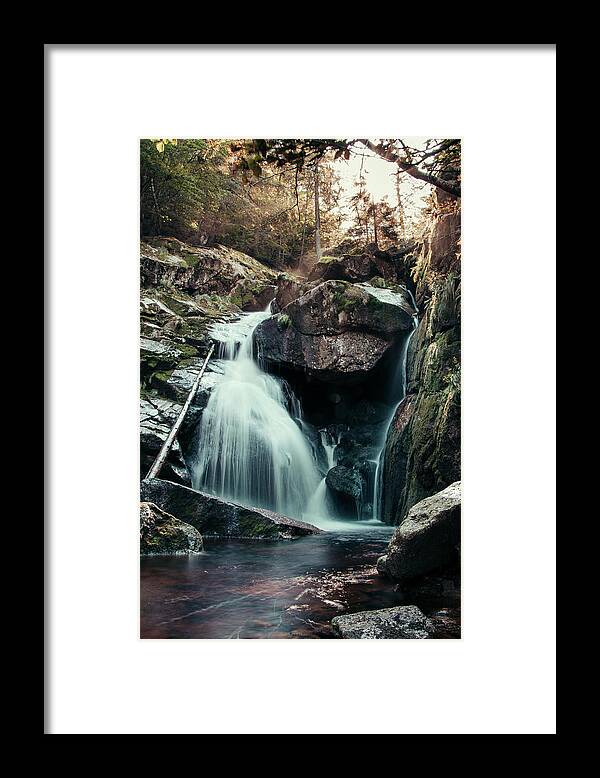 Jizera Mountains Framed Print featuring the photograph Cerny potok waterfall in Jizera mountains at sunset by Vaclav Sonnek