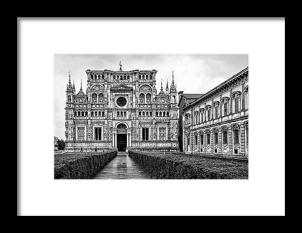 Northern Italy Framed Print featuring the photograph Certosa di Pavia in Lombardy, Italy - Black And White by Elvira Peretsman