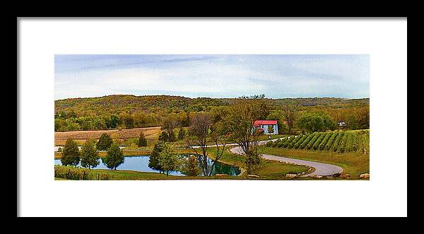 View; Scenic; Ebd; Evidence Based Design; Chandler Hill; Vineyard; Winery; Banquet Facility; Restaurant; Wine; Defiance; Mo; Missouri; View; Panorama; House; Vines; Grapes; Trees; Fall; Foliage Framed Print featuring the photograph Chandler Hill Patio View by David Coblitz