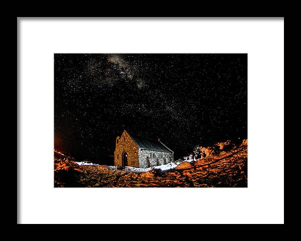 Milky Way Framed Print featuring the photograph Chapel - Church of Good Shepherd, South Island, New Zealand by Earth And Spirit