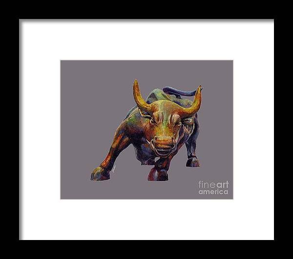 Harging Bull Framed Print featuring the painting Charging Bull - solid background by Hailey E Herrera