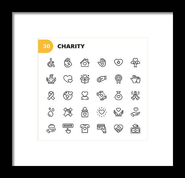 Charity Benefit Framed Print featuring the drawing Charity and Donation Line Icons. Editable Stroke. Pixel Perfect. For Mobile and Web. Contains such icons as Charity, Donation, Giving, Food Donation, Teamwork, Relief. by Rambo182