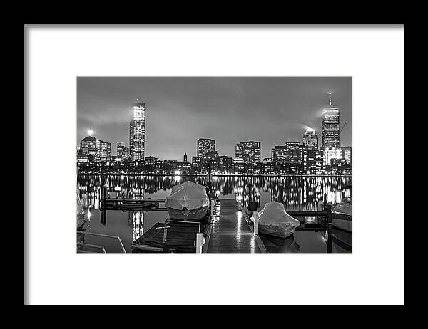 Boston Framed Print featuring the photograph Charles RIver Rainy Night Clear Reflection Pier Black and White by Toby McGuire