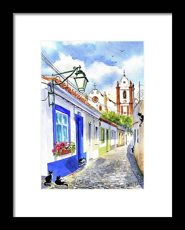 Algarve Framed Print featuring the painting Charming Street In Silves Algarve Portugal by Dora Hathazi Mendes