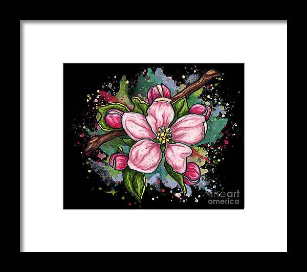 Flower Framed Print featuring the painting Cherry blossom painting on black background, pink flower art by Nadia CHEVREL