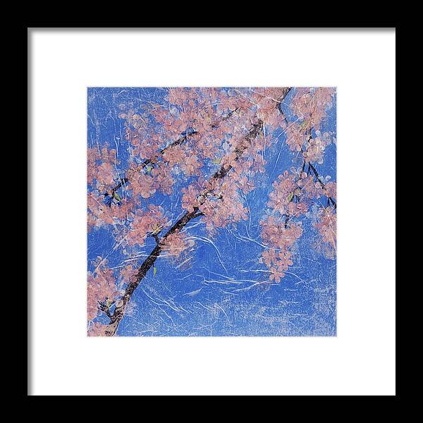 Cherry Blossom Framed Print featuring the painting CHERRY BLOSSOMS Abstract painting Pink and Blue by Lynnie Lang