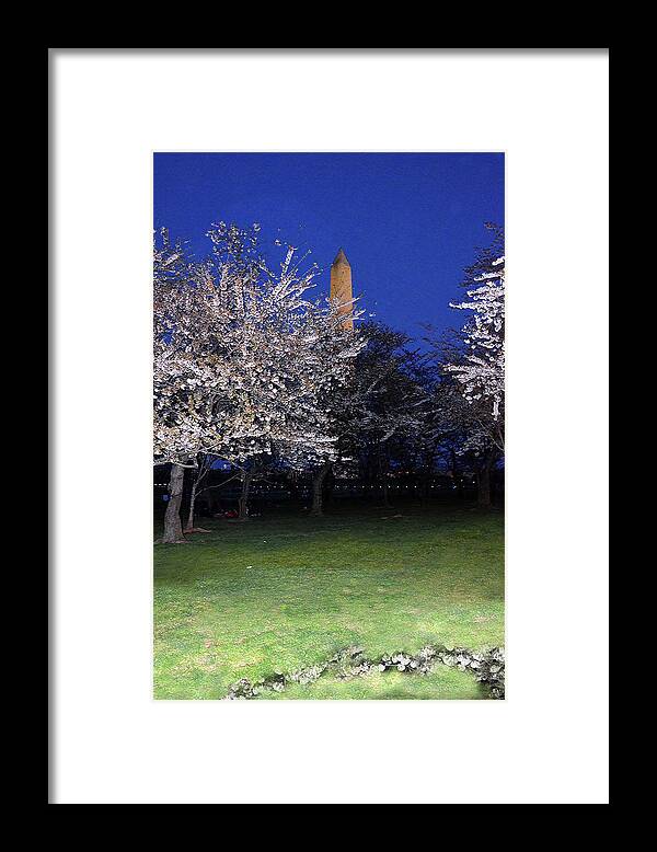 Cherry Blossom Framed Print featuring the photograph Cherry blossoms overlooking Washington monument 1 by Harsh Malik
