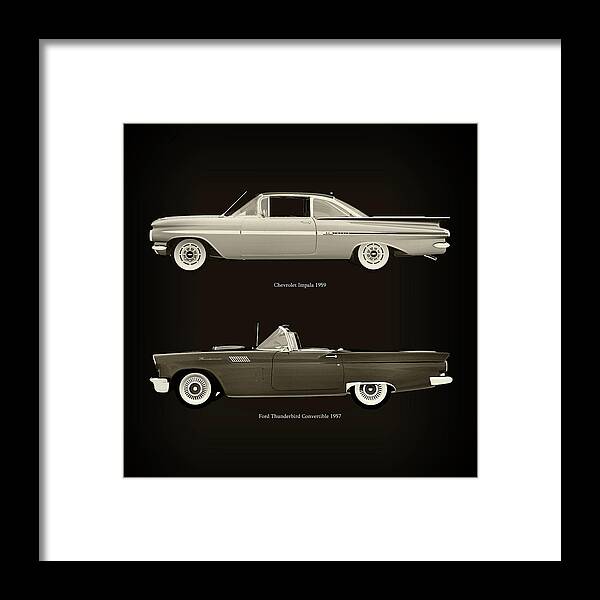 Ford Framed Print featuring the photograph Chevrolet Impala 1959 and Ford Thunderbird Convertible 1957 by Jan Keteleer