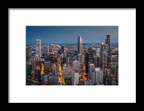 Financial Building Framed Print featuring the photograph Chicago Cityscape at Night Aerial View by Mlenny