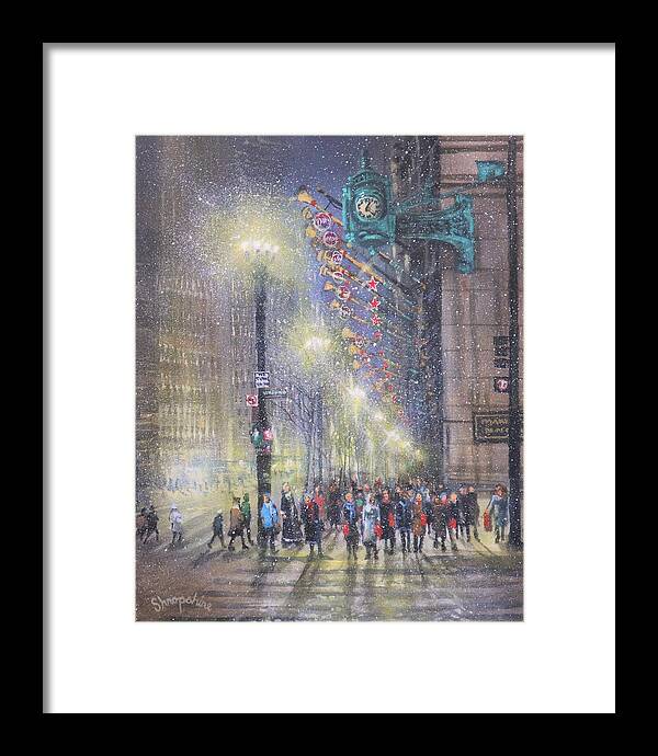 Chicago Framed Print featuring the painting Chicago Clock by Tom Shropshire