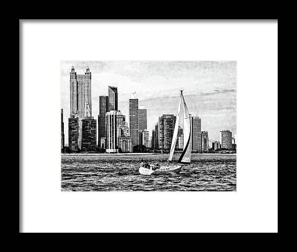 Chicago Framed Print featuring the photograph Chicago IL - Sailboat Against Chicago Skyline Black and White by Susan Savad