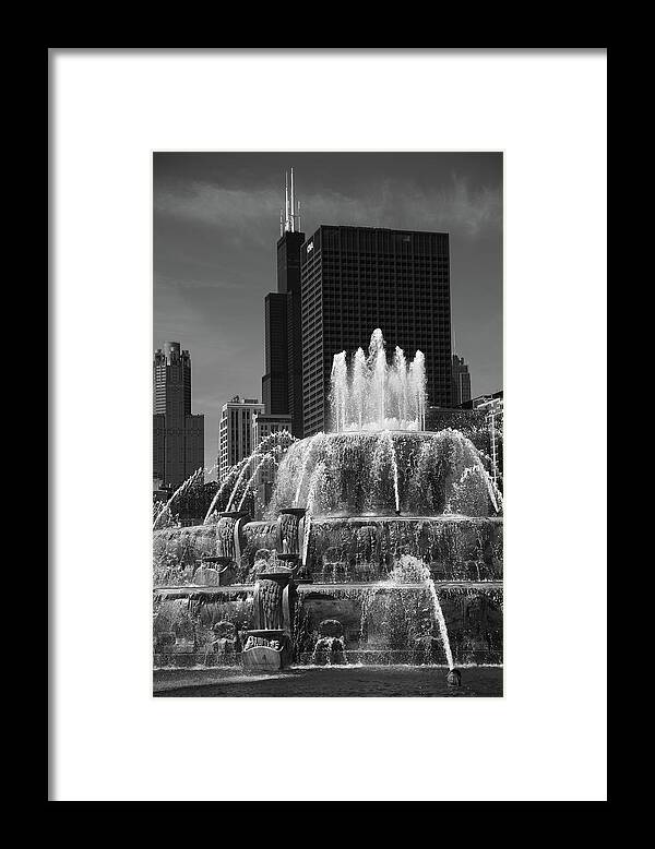 America Framed Print featuring the photograph Chicago Skyline and Buckingham Fountain 2010 #2 BW by Frank Romeo