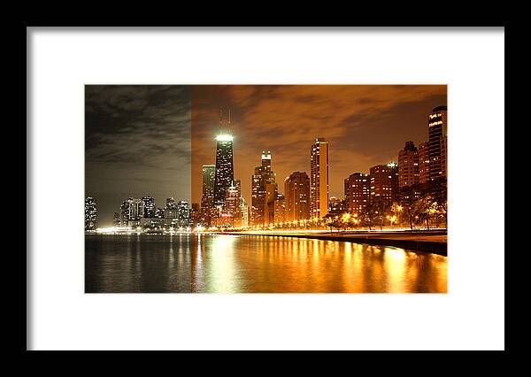Architecture Framed Print featuring the photograph Chicago Skyline Night Lights Water by Patrick Malon
