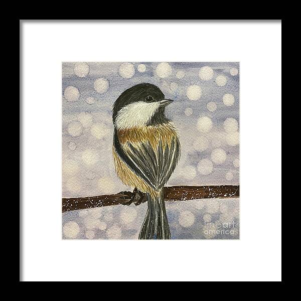 Chickadee Framed Print featuring the painting Chickadee In Snow by Lisa Neuman