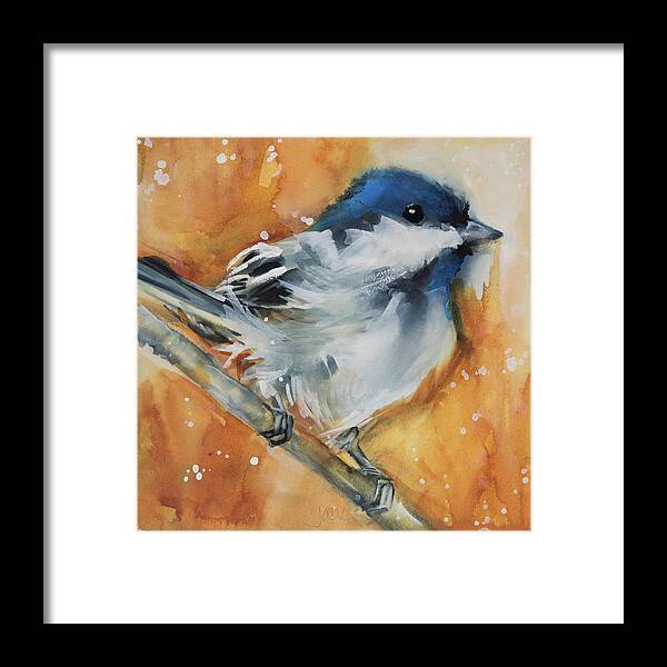 Chickadee Framed Print featuring the painting Chickadee On Branch by Jani Freimann