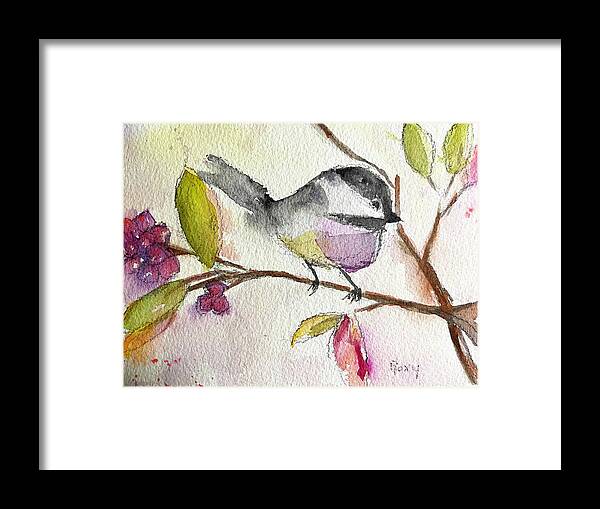 Watercolor Chickadee Framed Print featuring the painting Chickadee perched in a Tree by Roxy Rich