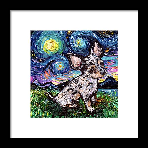 Chihuahua Framed Print featuring the painting Chihuahua Merle Teacup Night by Aja Trier