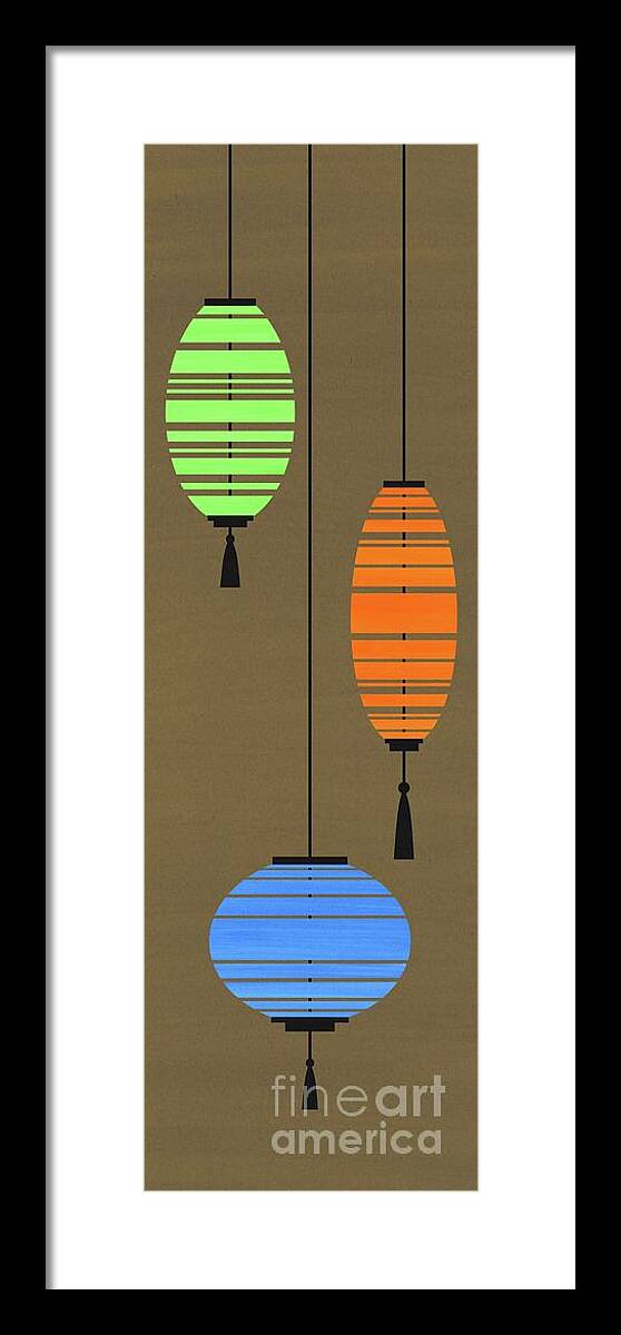 China Framed Print featuring the mixed media Chinese Paper Lanterns Orange Blue Green by Donna Mibus