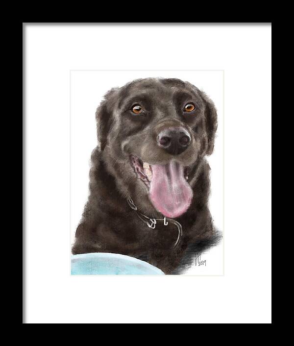 Labrador Framed Print featuring the digital art Chocolate Lab and Frisbee by Lois Ivancin Tavaf